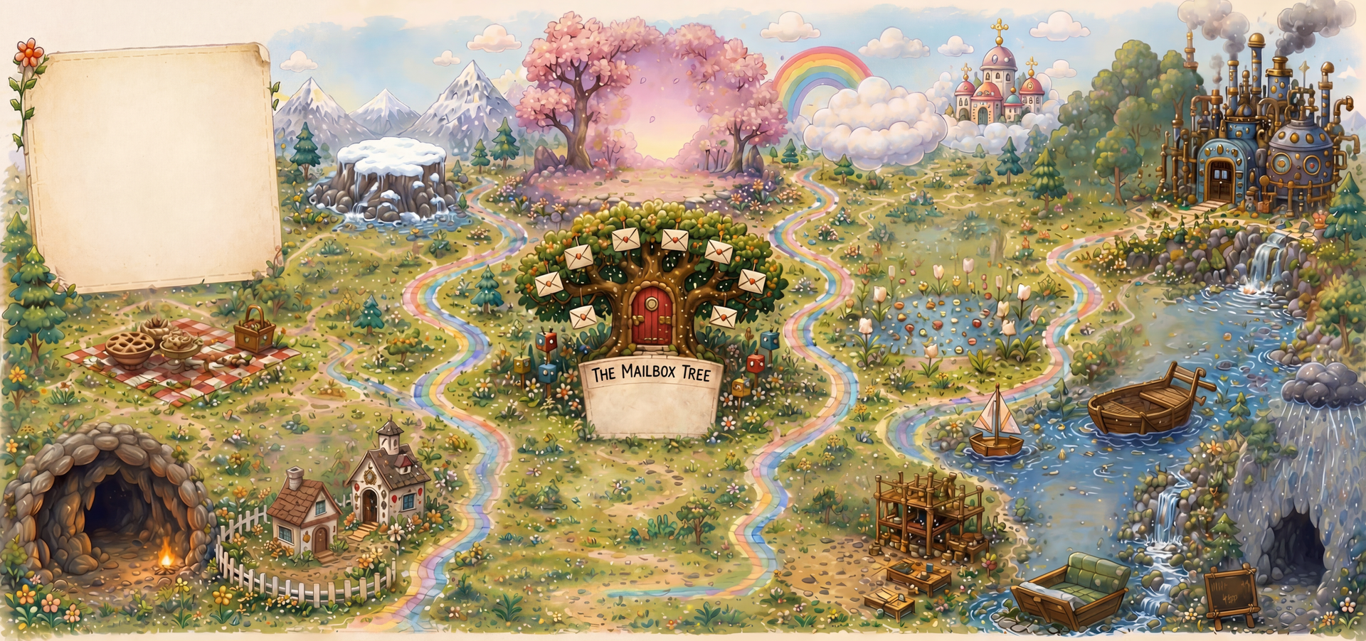 Rainbow Meadow map with character homes