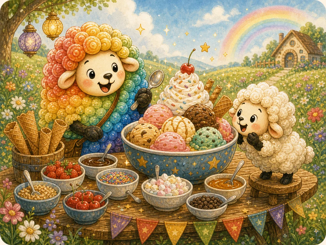 Little Tuft and Derek admiring a huge bowl of ice cream at a tiny buffet