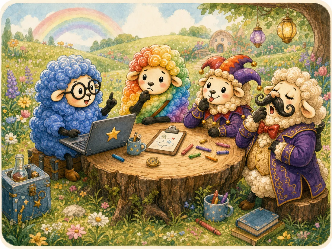Ada, Derek, Spark, and Maestro at a Rainbow Meadow emergency meeting