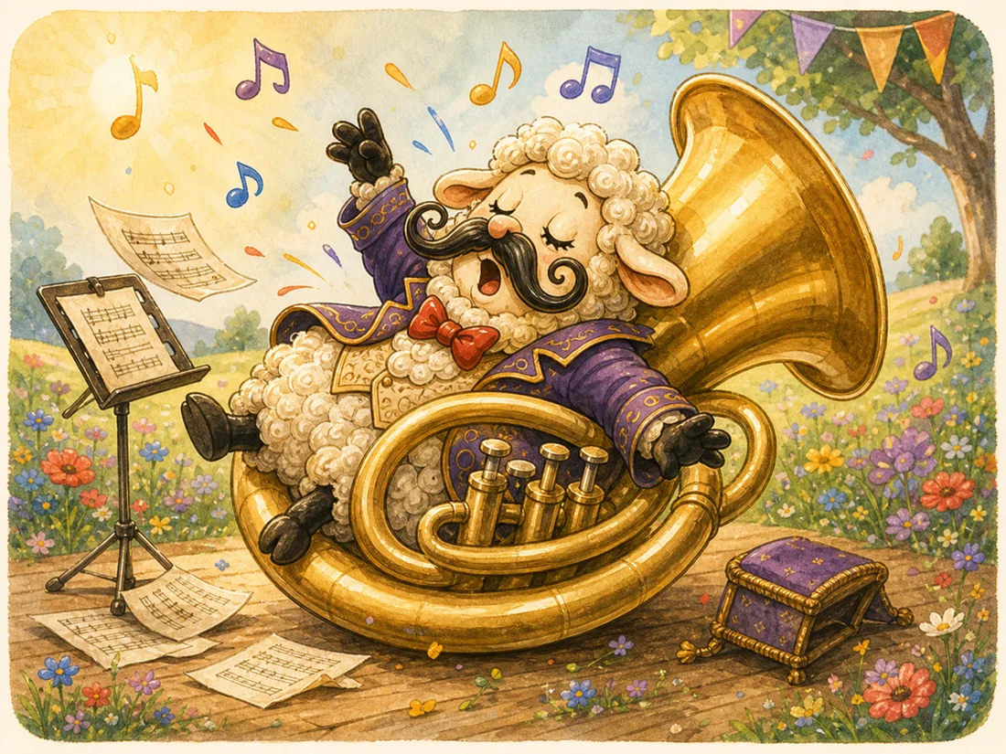 Maestro Magnifico comically stuck inside a brass tuba