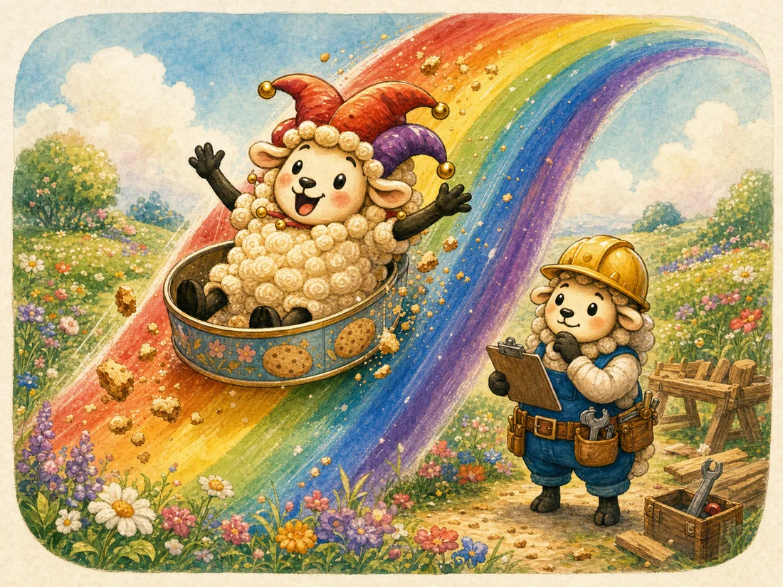 Spark sliding down a rainbow in a biscuit tin while Builder Jack watches